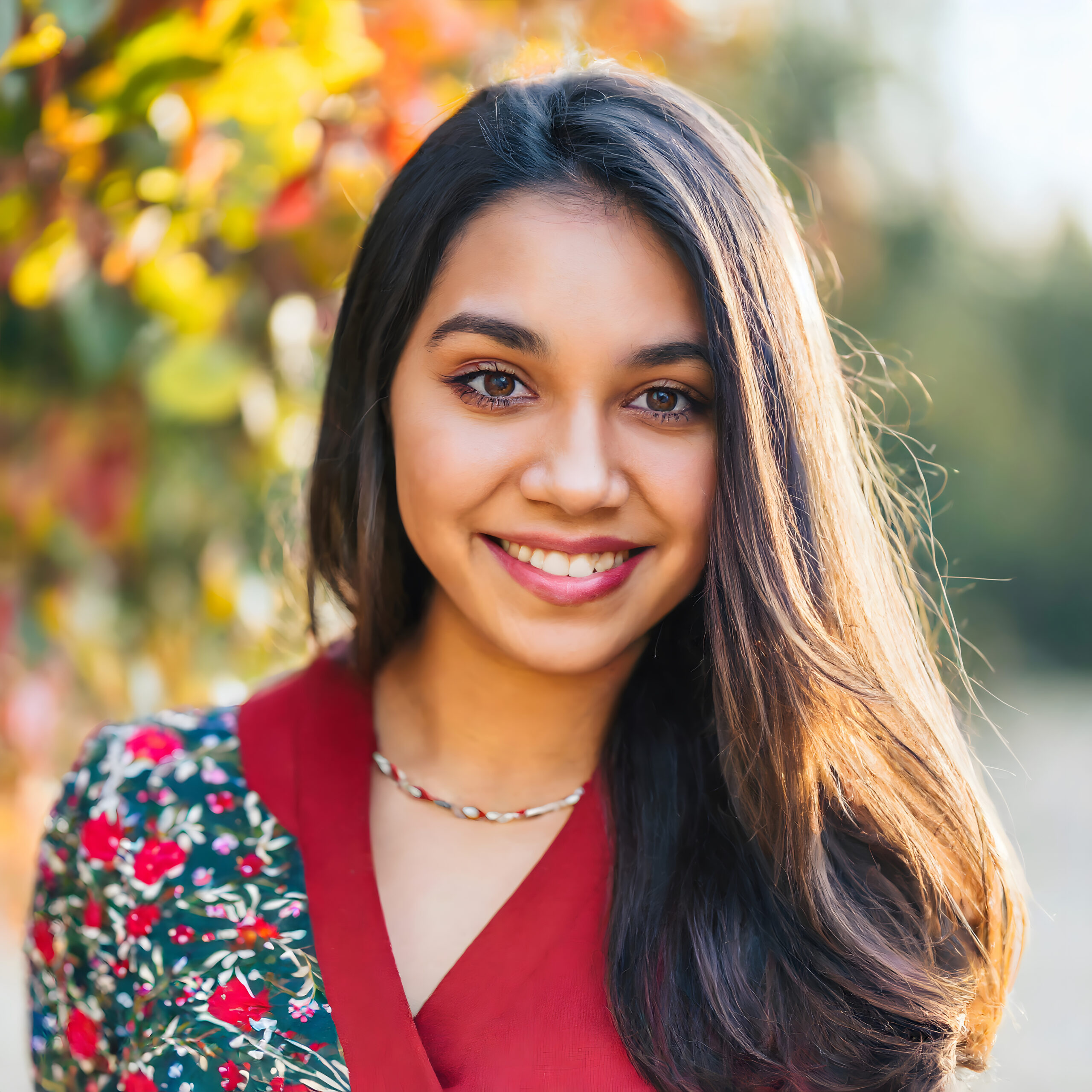 beautiful woman dressed casually smiling outdoors autumn landscape