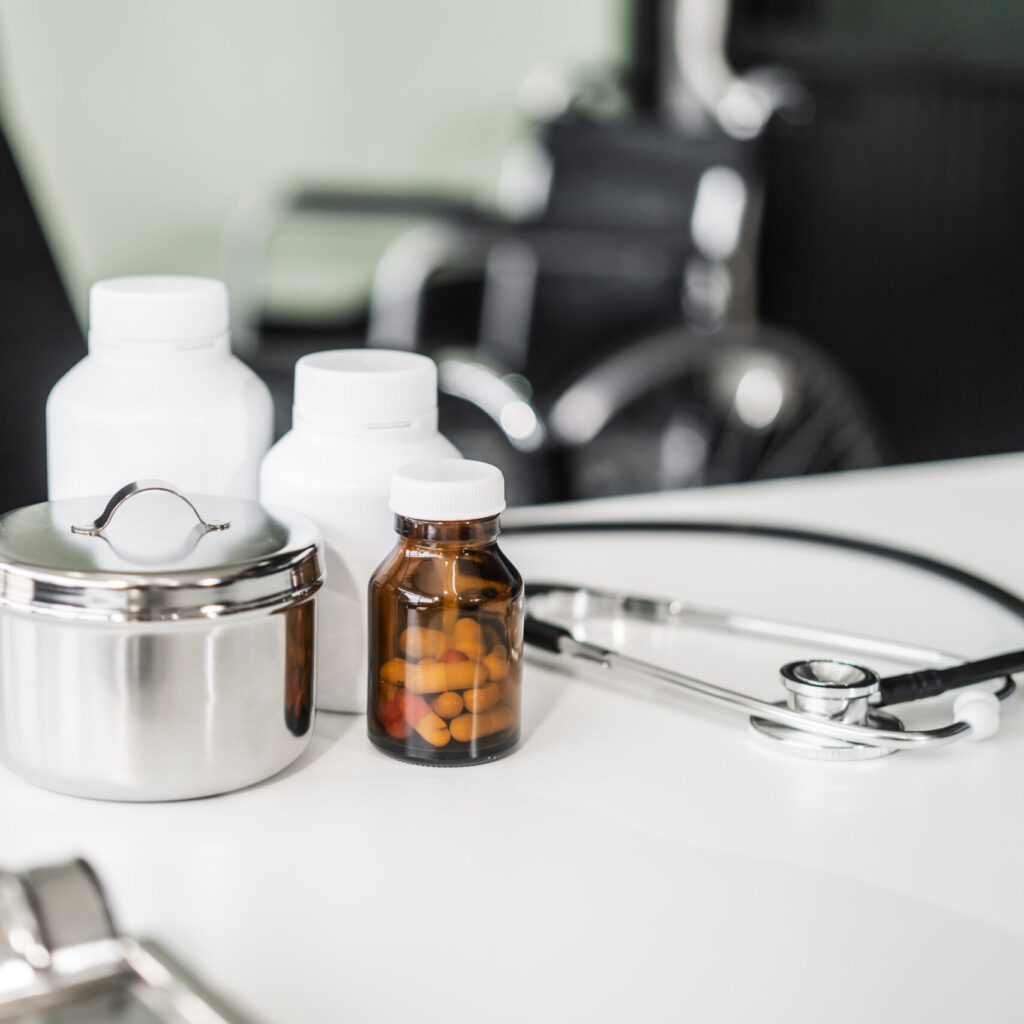 a clean desk with medical equipment, ready for professional use,