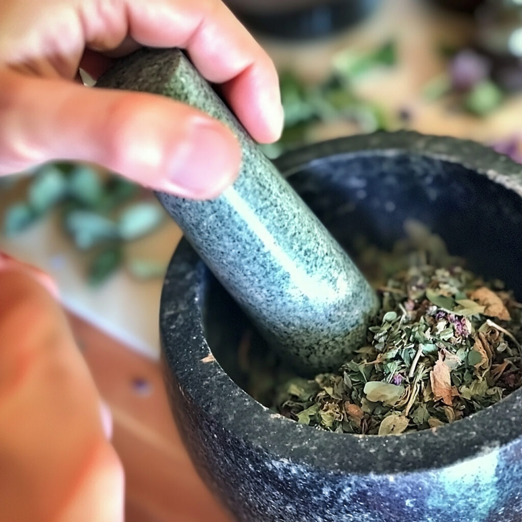 dried herbs in mortar and pestle, crushed leaves generated by ai