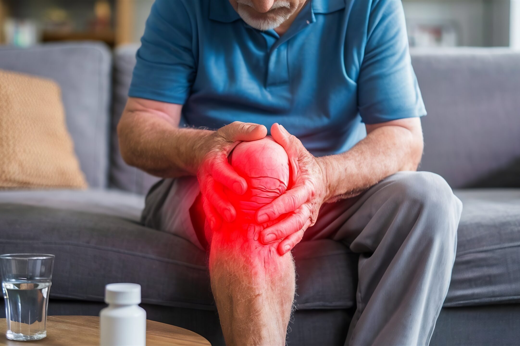 Services senior man suffering from pain his knee home concept problems with joint like arthritis