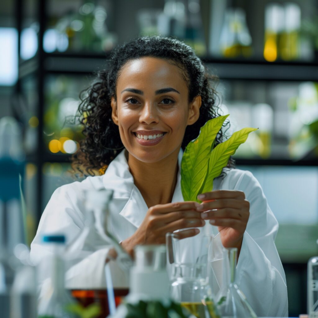 woman is holding leaf that is glass