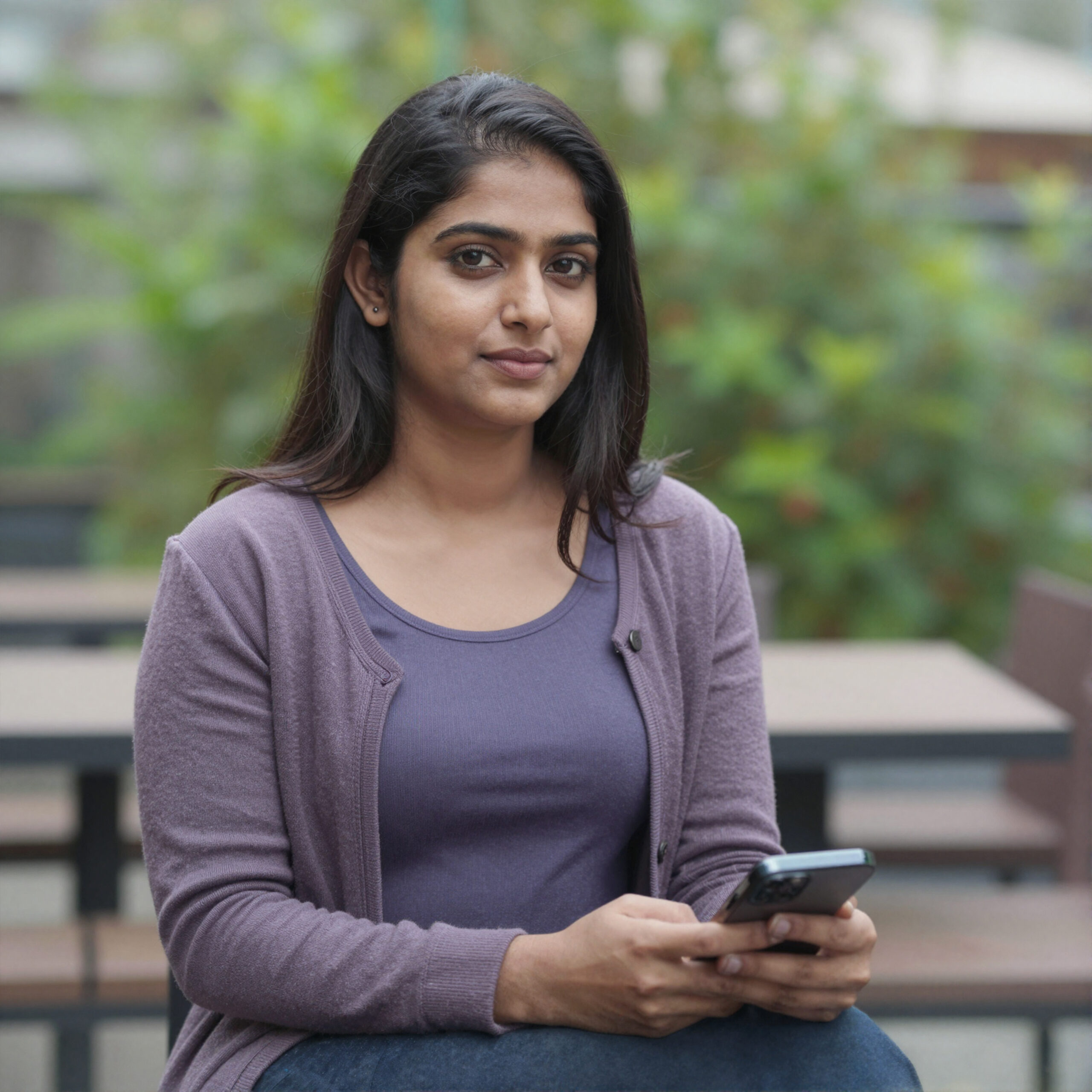 young south asian woman holding smartphone outdoors