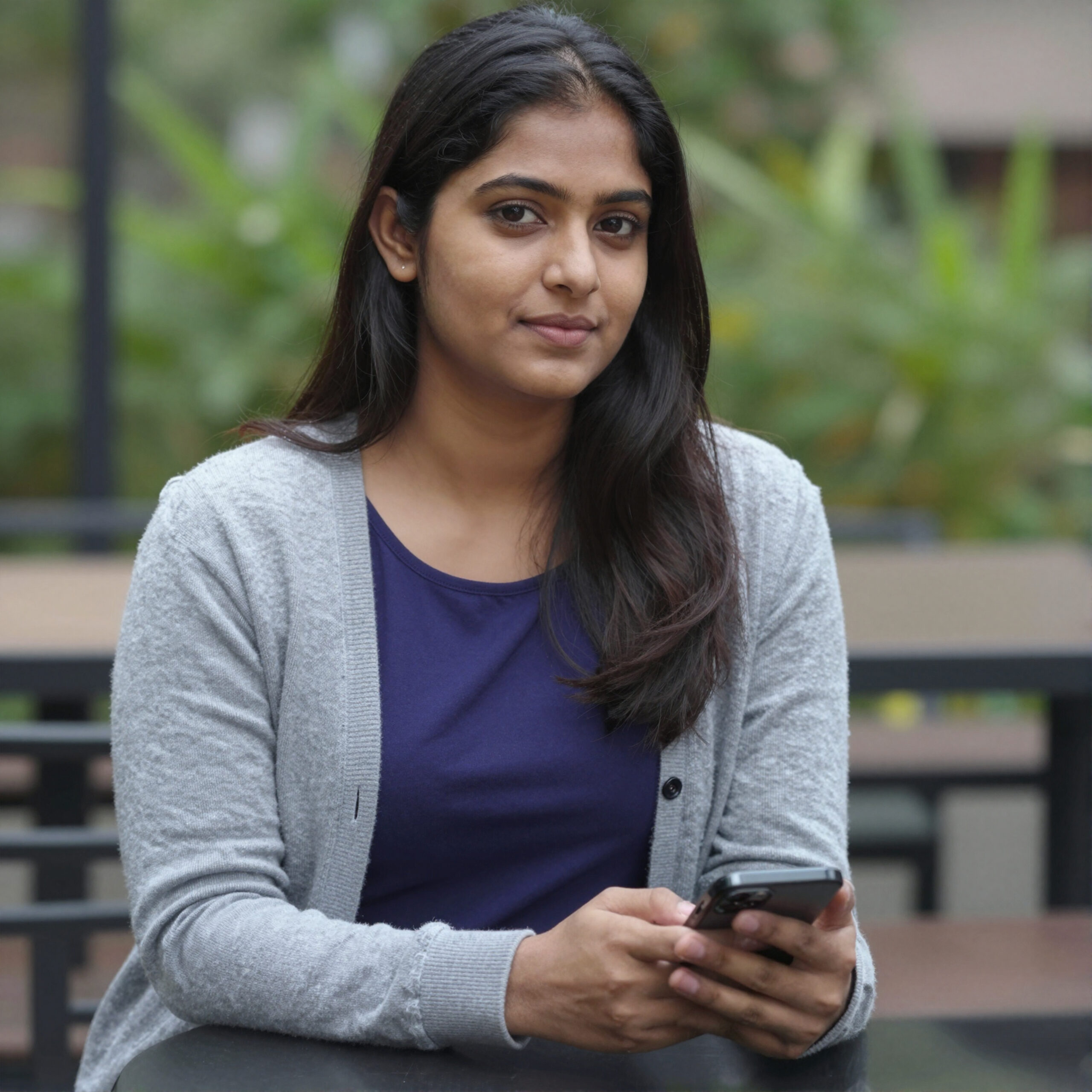 young woman engrossed with her smartphone outdoor setting